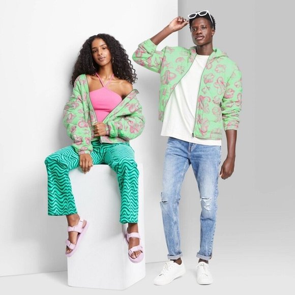 wild fable Jackets & Blazers - Wild Fable Jacket Hooded Quilted Green Pink Floral Full Zip